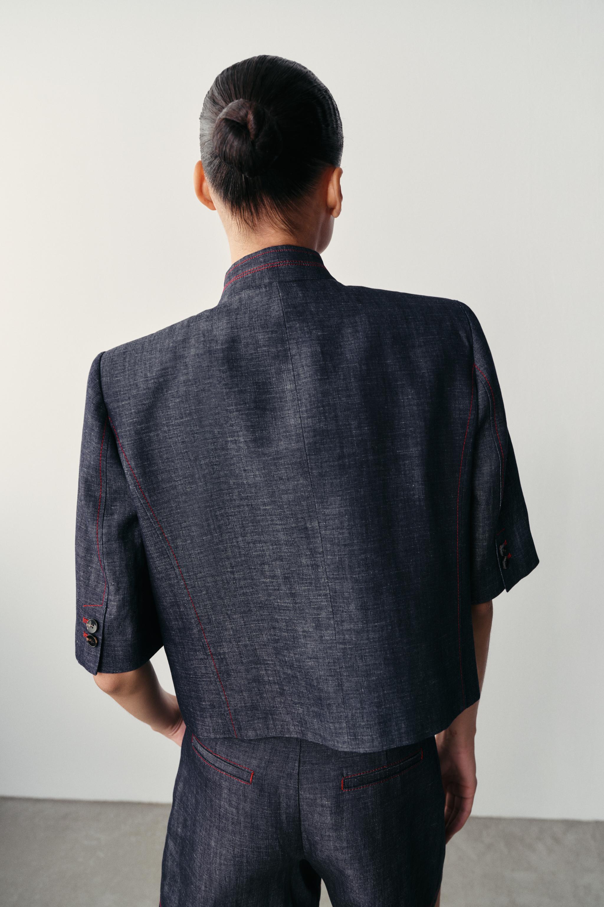 LINEN SHORT SLEEVE BLAZER WITH CONTRAST TOPSTITCHING